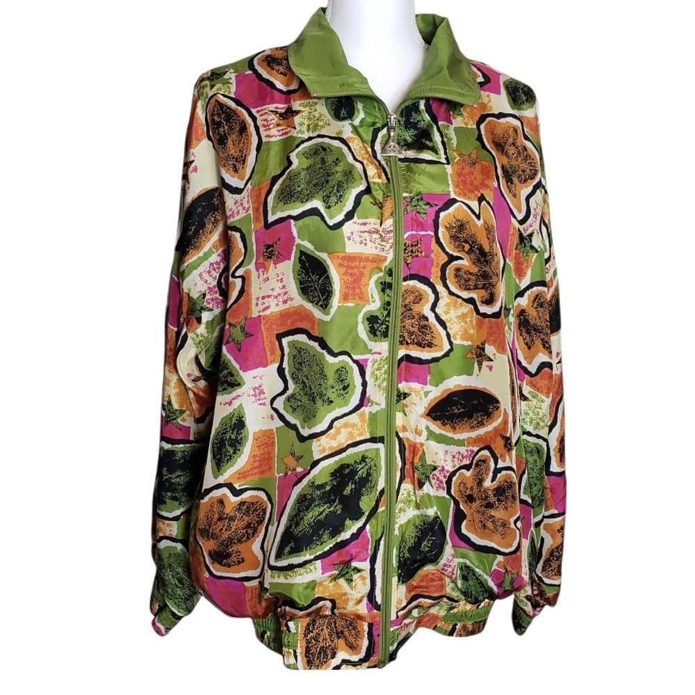 Vintage 100% Silk Leaf Print Bomber Jacket Size Medium Zip Up Lightweight Coat
